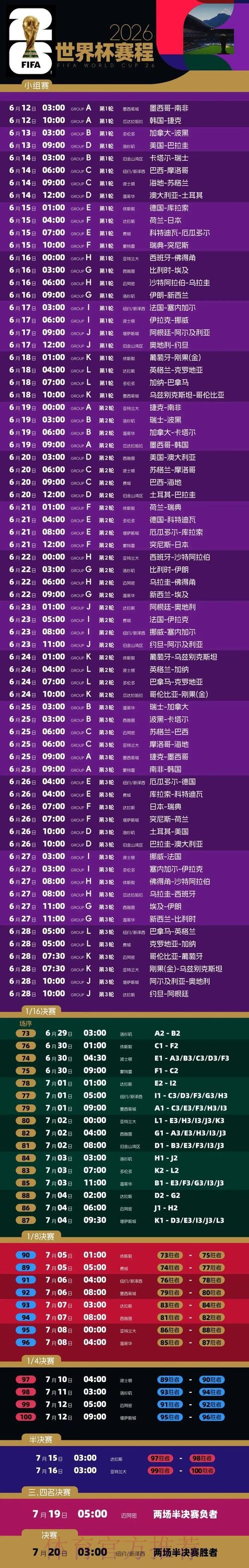 2026世界杯比赛时间完整版完整安排怎么看